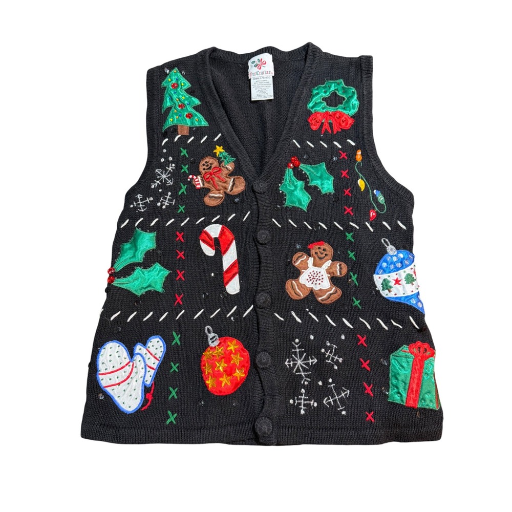 Nutcracker Christmas Sweater Vest vintage Gingerbread Candy Cane holiday small